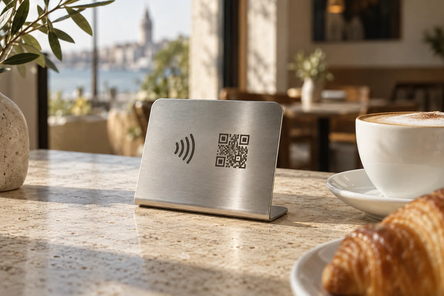 Kafe masasında metal QR ve NFC standı ile kahve; temsili ürün tasarımı